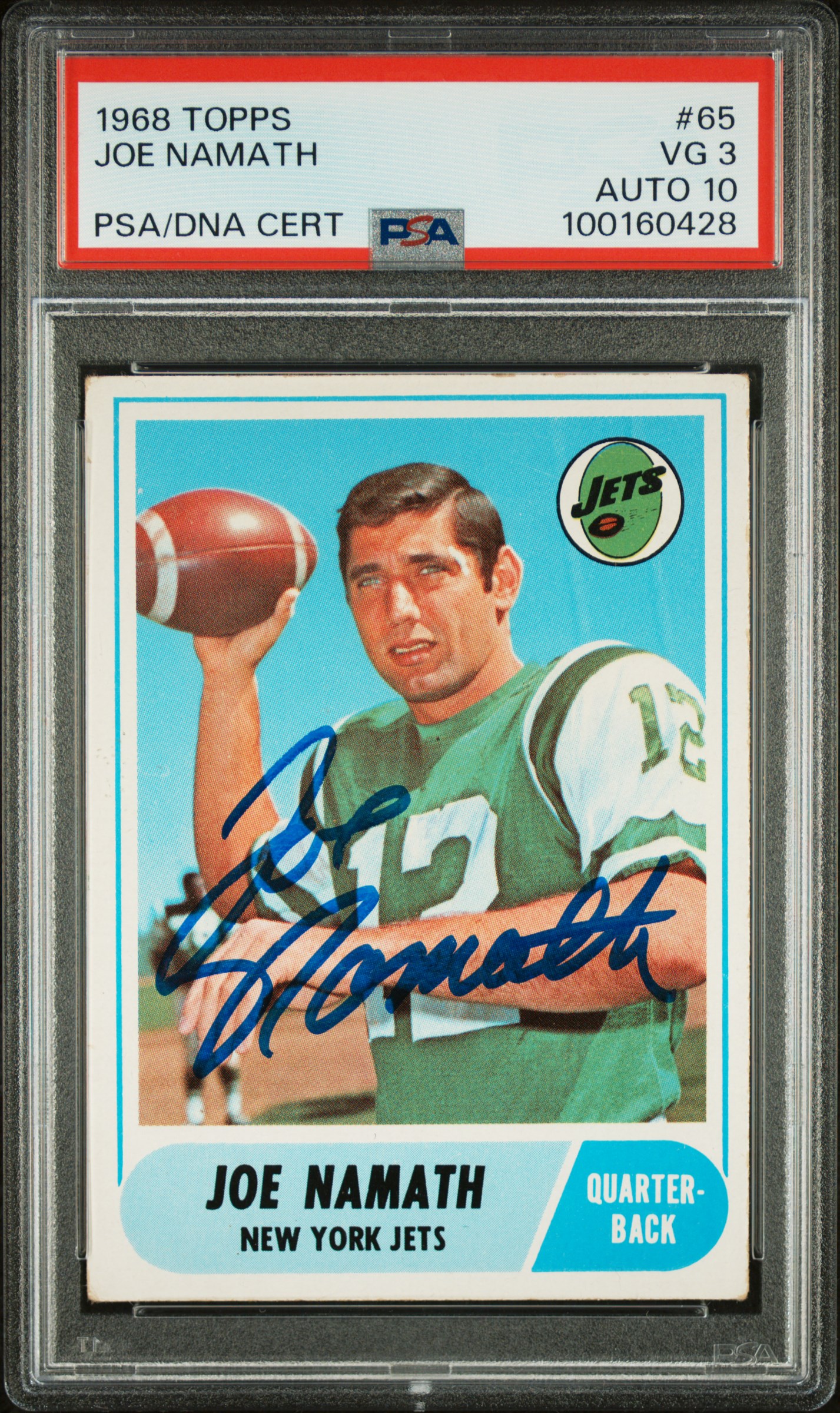 Joe Namath 1968 Topps Signed Football Card #65 PSA 3 Auto Graded 10