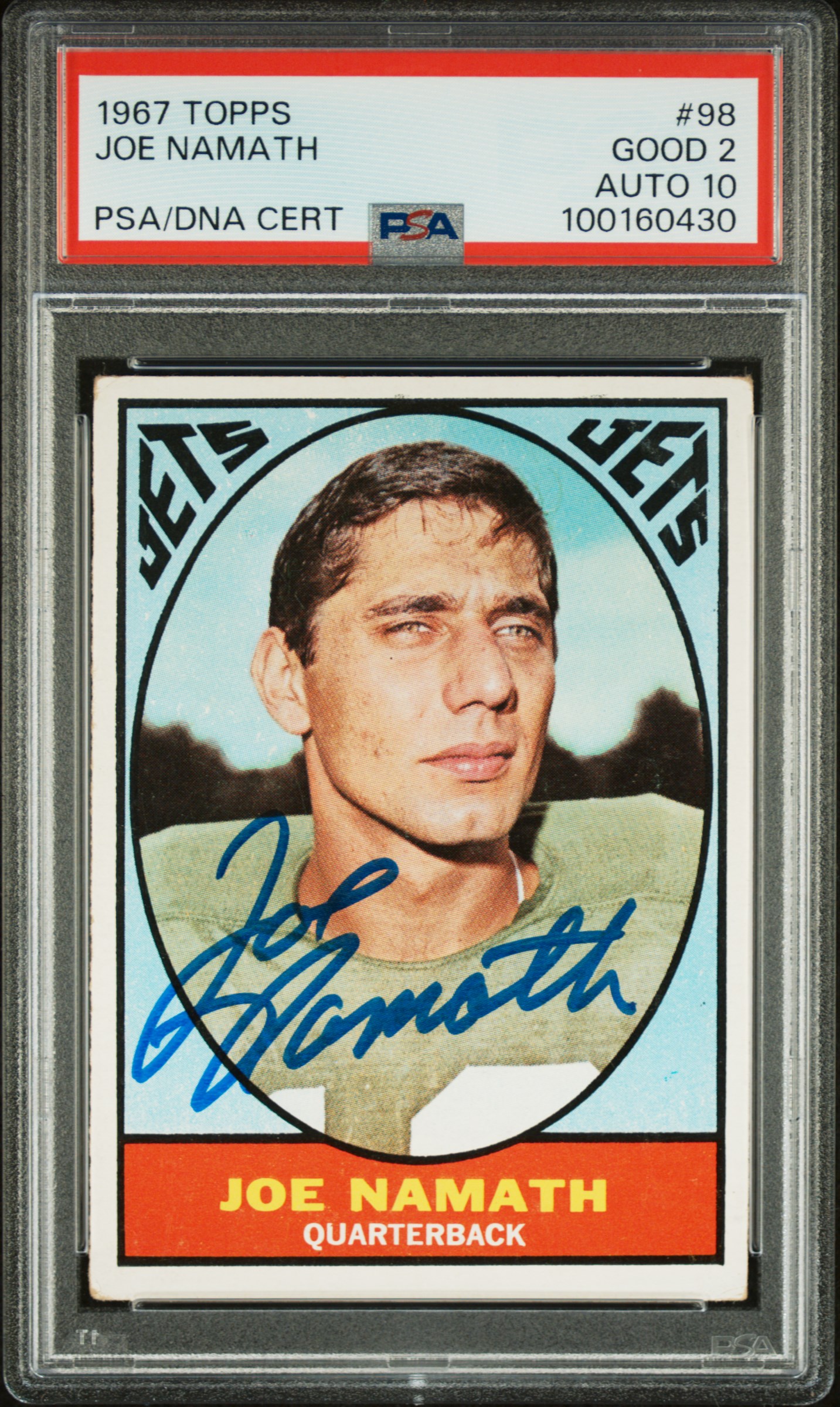 Joe Namath 1967 Topps Signed Football Card #98 PSA 2 Auto Graded 10