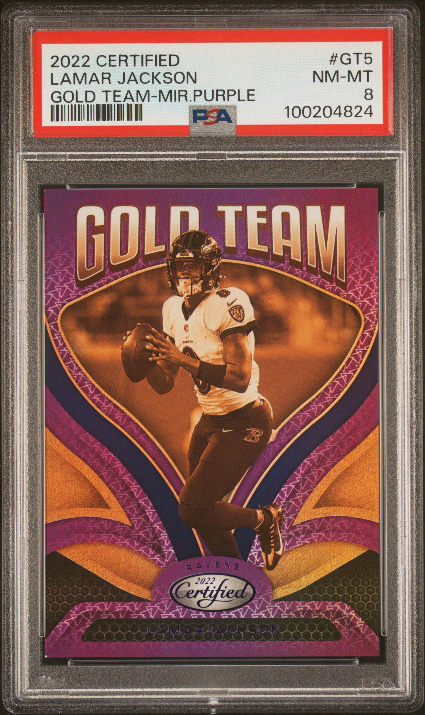 Lamar Jackson 2022 Certified Gold Team Purple Football Card #GT5 PSA 8 5/10