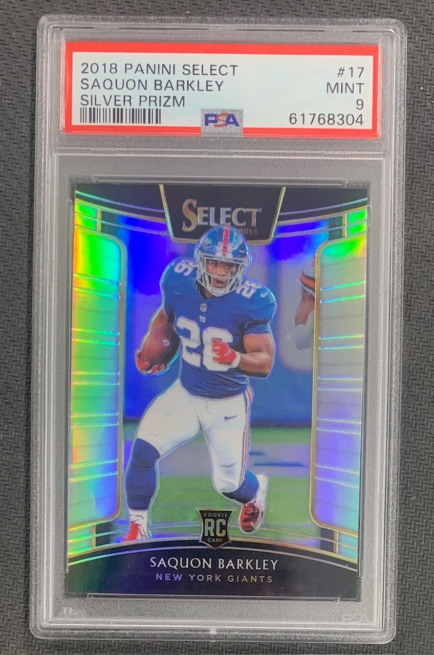 Saquon Barkley 2018 Panini Select Silver Prizm Football Rookie Card #17 Graded PSA 9