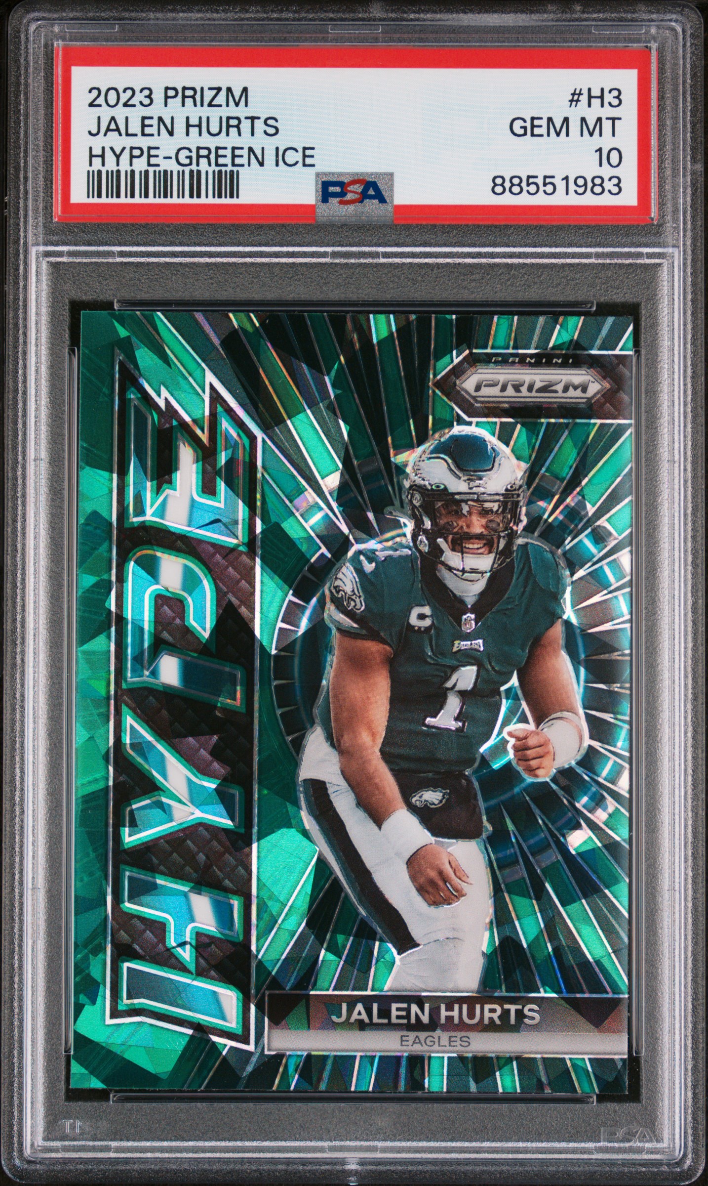 Jalen Hurts 2023 Prizm Hype Green Ice Football Card #H3 Graded PSA 10