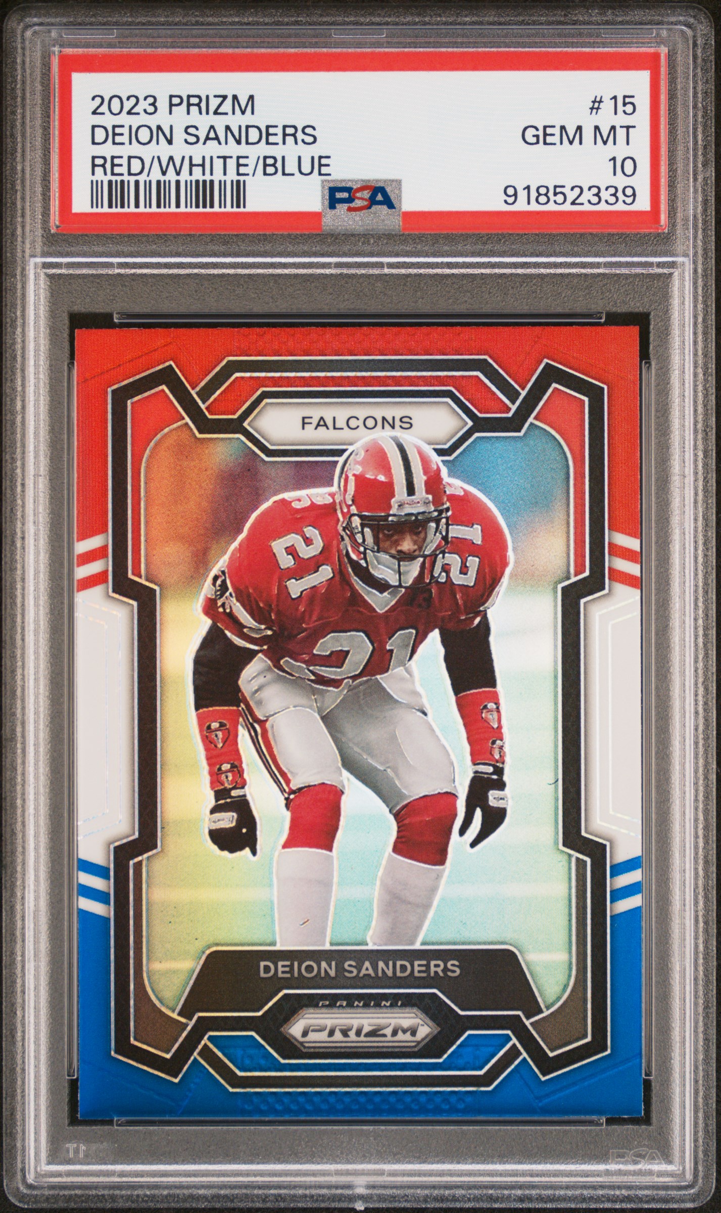 Deion Sanders 2023 Prizm Red White Blue Football Card #15 Graded PSA 10