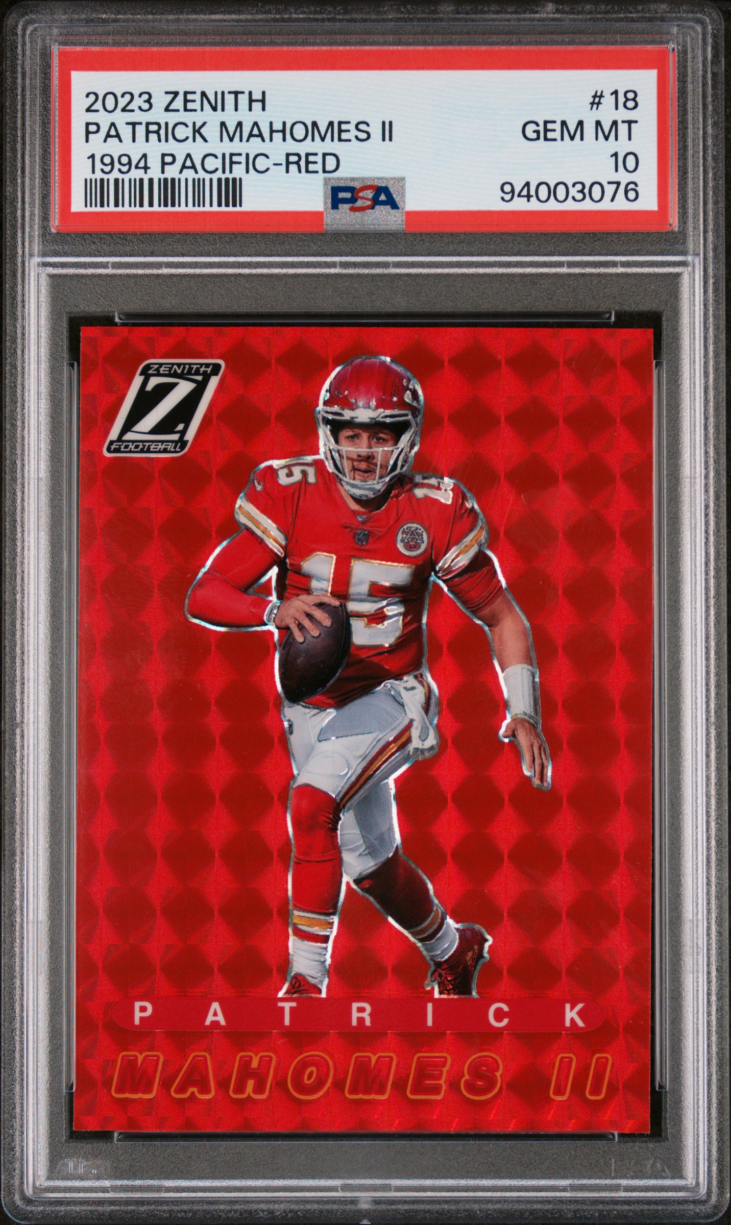 Patrick Mahomes 2023 Zenith 1994 Pacific Red Football Card #18 Graded PSA 10