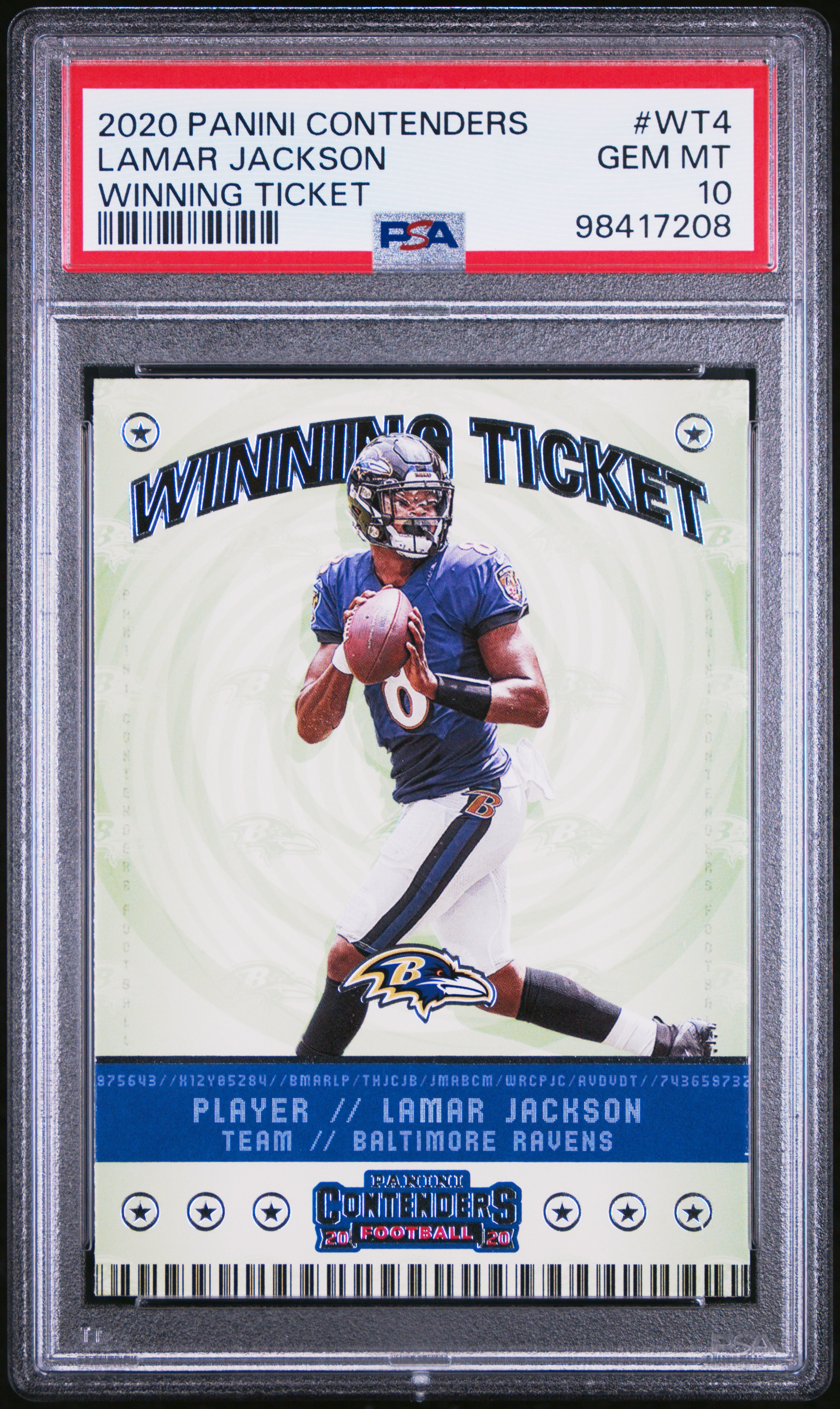 Lamar Jackson 2020 Panini Contenders Winning Ticket Card #WT4 Graded PSA 10