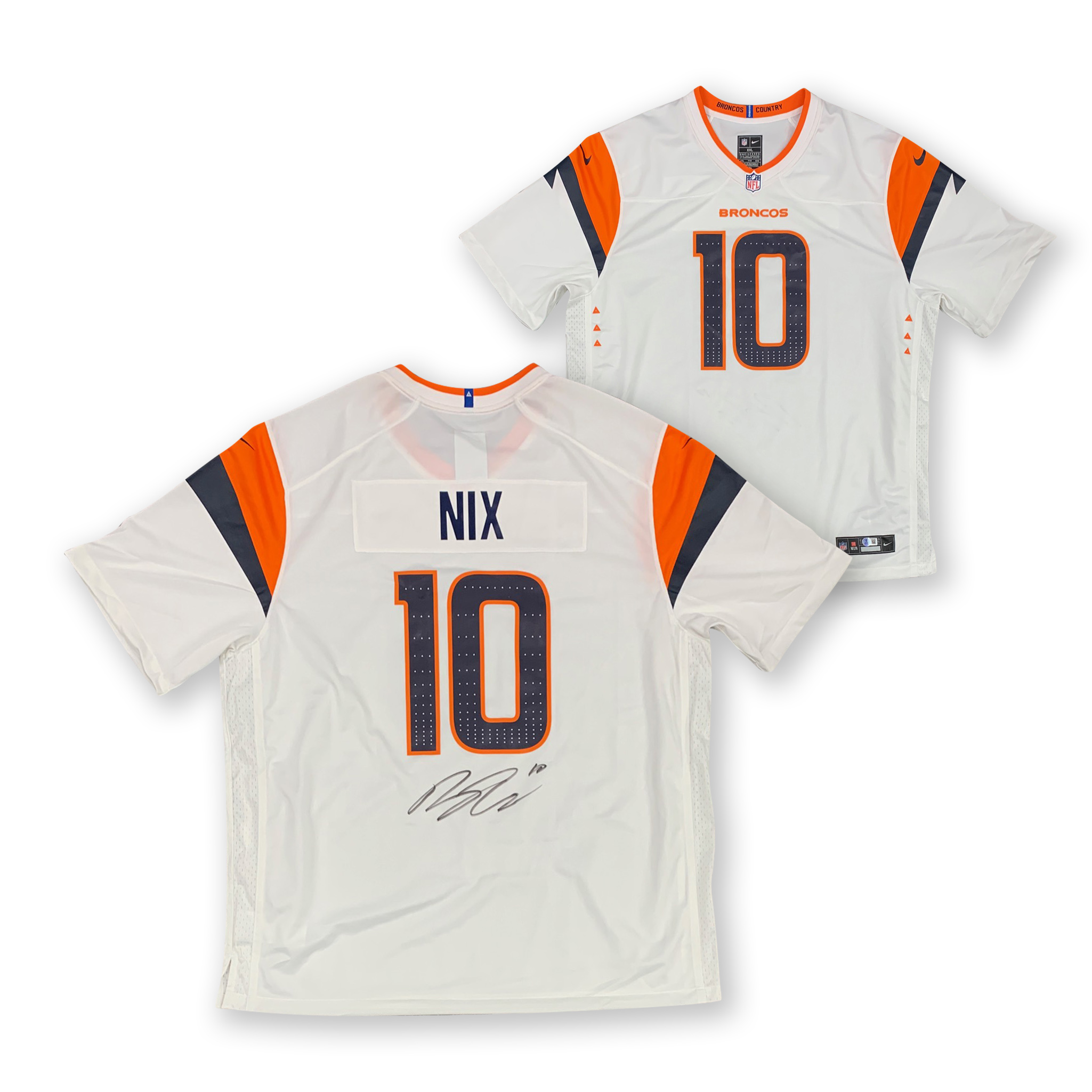 Bo Nix Autographed Denver Broncos Signed Nike Game White Football Jersey Beckett COA