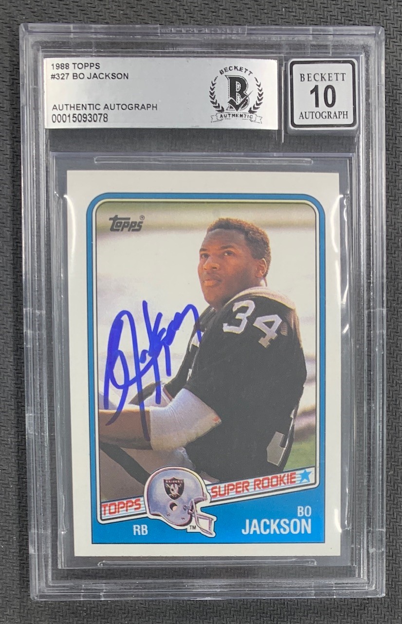 Bo Jackson 1988 Topps Signed Football Rookie Card #327 Auto Graded Beckett 10