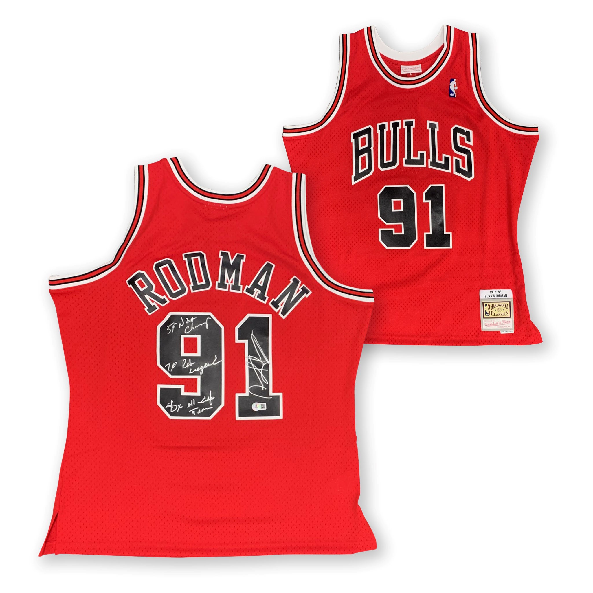 Dennis Rodman Autographed Chicago Bulls Signed Mitchell & Ness Basketball Jersey Beckett COA 3 INSCRIPTIONS