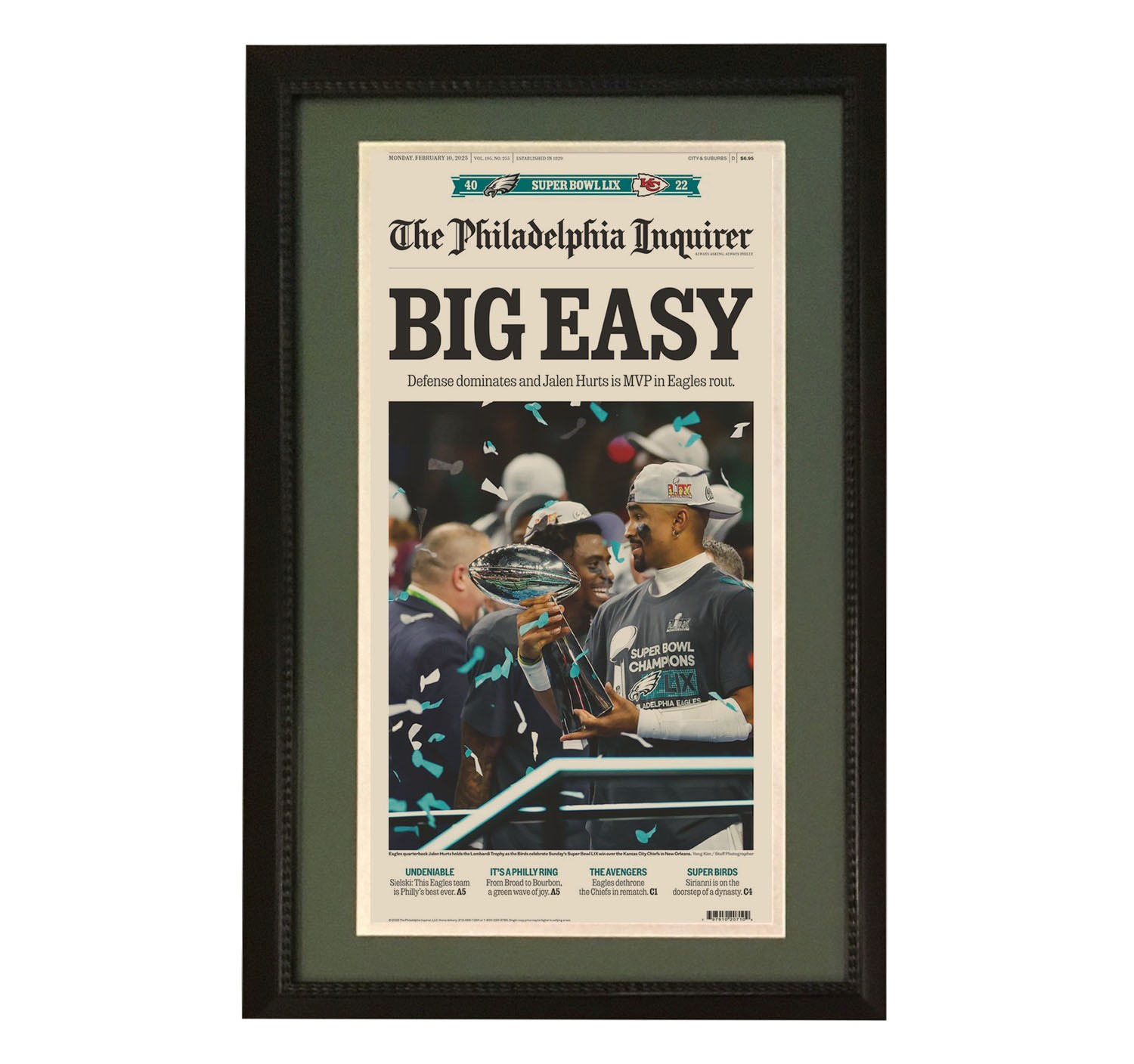 Philadelphia Eagles Inquirier Super Bowl 59 LIX Champions BIG EASY Framed Football Front Pages Newspaper With Jalen Hurts 2/10/25